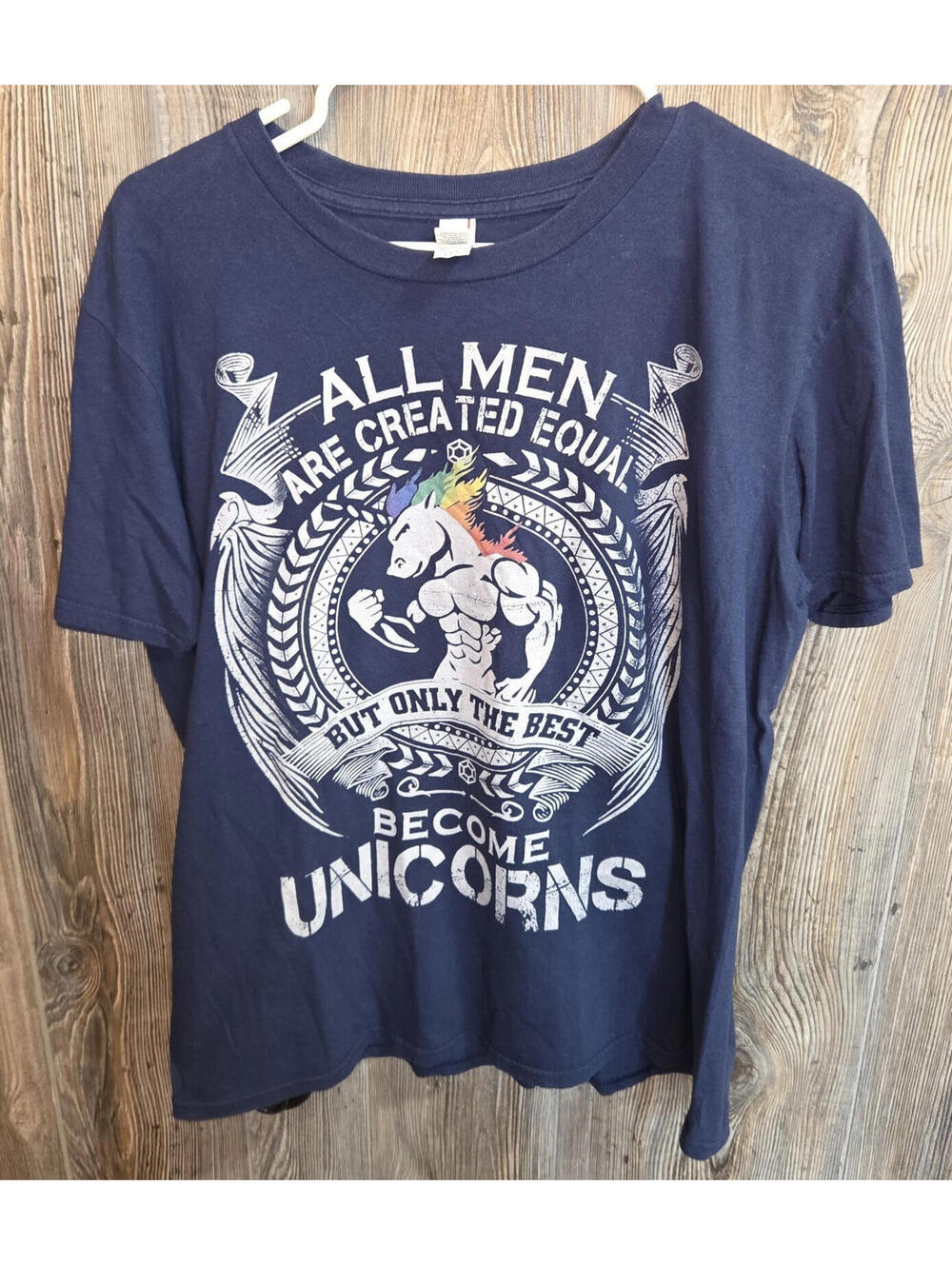 Rainbow Pride LBGTQ+ T-shirt Size Lrg  "Men Created Equal, Best Become Unicorns"